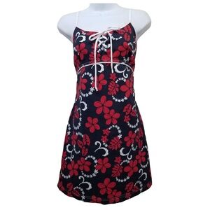 Surf wear, Beach Skirt- Toes on the Nose Red Blue Floral Hawaiian 90s Y2K Dress